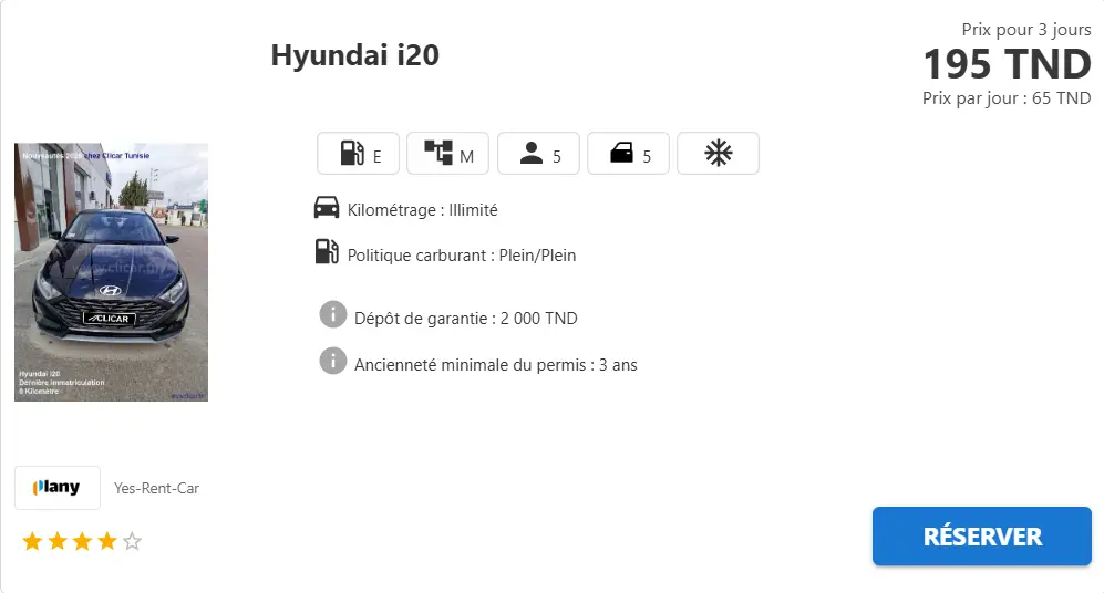 Un exemple de prix d'une voiture  sur plany avec l'agence Yes Rent Car 65DT