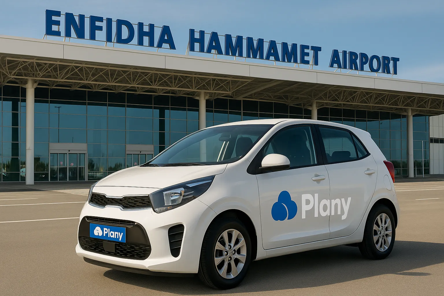 Voiture de location Plany devant l’aéroport Enfidha Hammamet en Tunisie